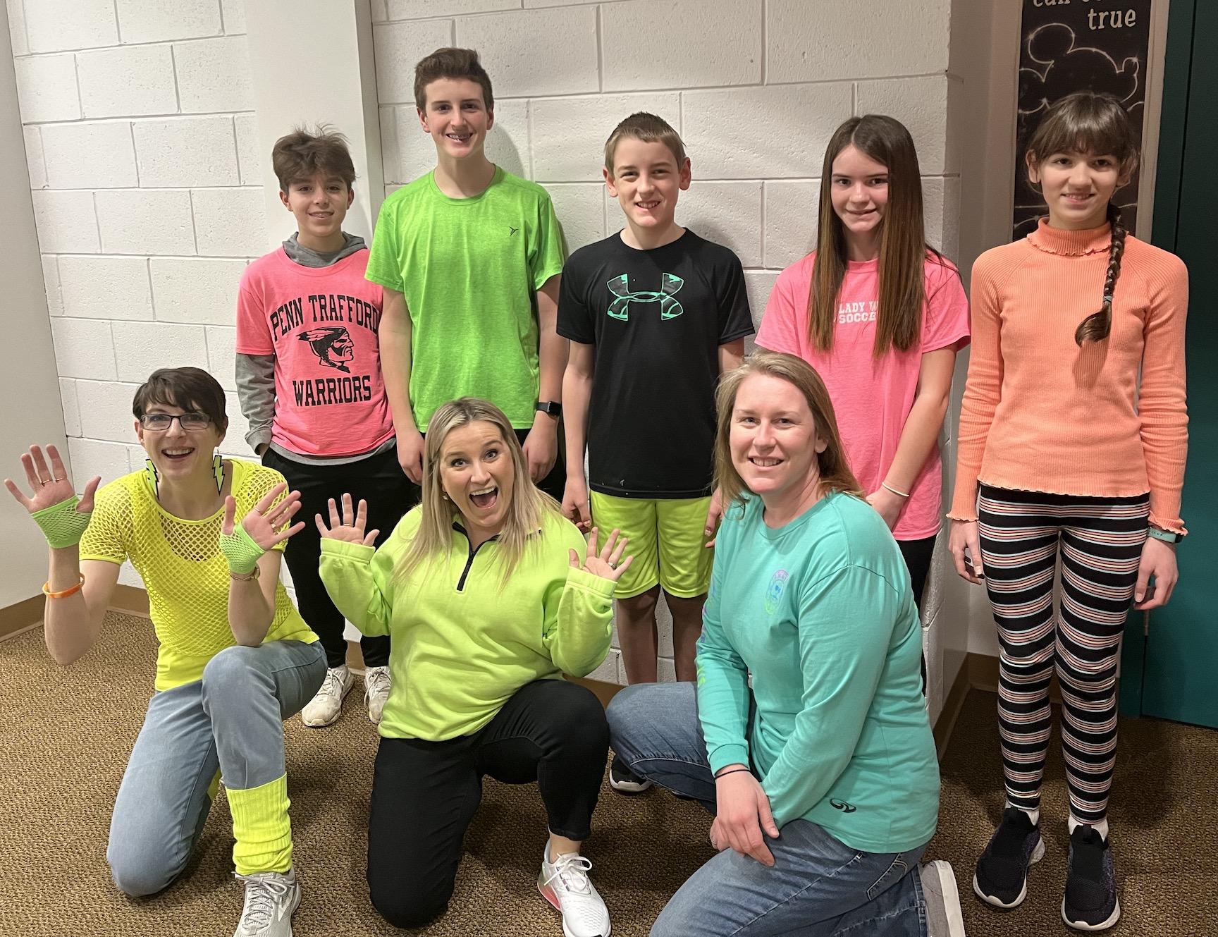 Students and staff brightened up Penn Middle on ‘Neon Day’:  (Back) Antonio Garcia, Jacob Campbell, Collin Dransart, Addilyn Swartz, Adelina Truschel (Front) Mrs. Beck, Mrs. Ruffner, Mrs. Dransart