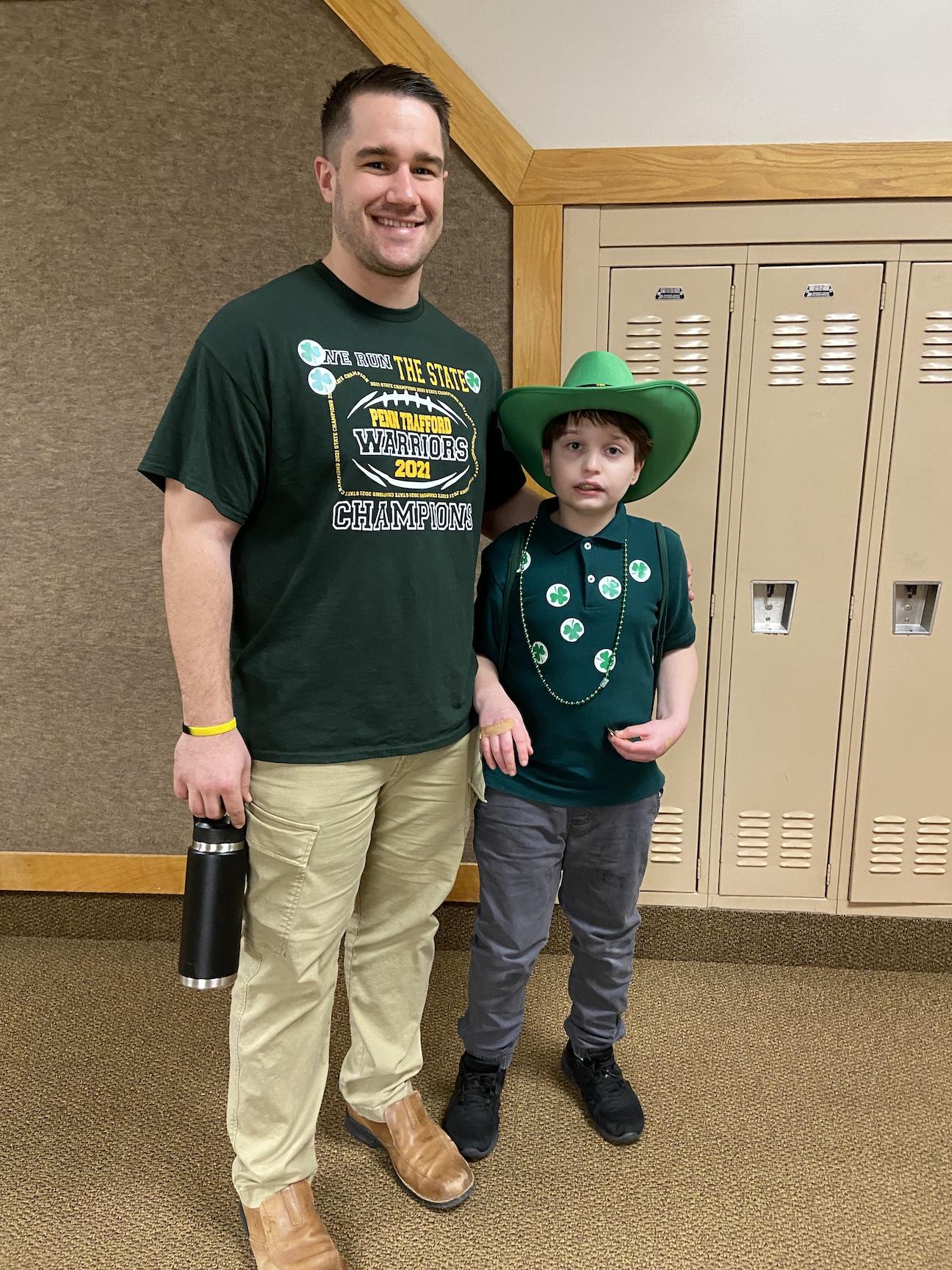Mr. Guzik and Alexander Furko handed out compliments (and shamrock stickers) on St. Patrick's Day