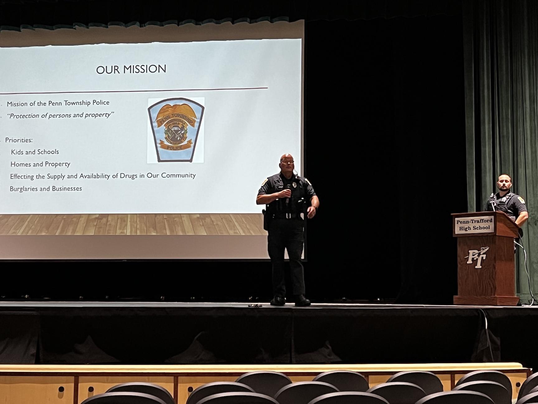 Officers Dave Meyers and James Kowalczuk of the Penn Township Police lead a Safety and Security session