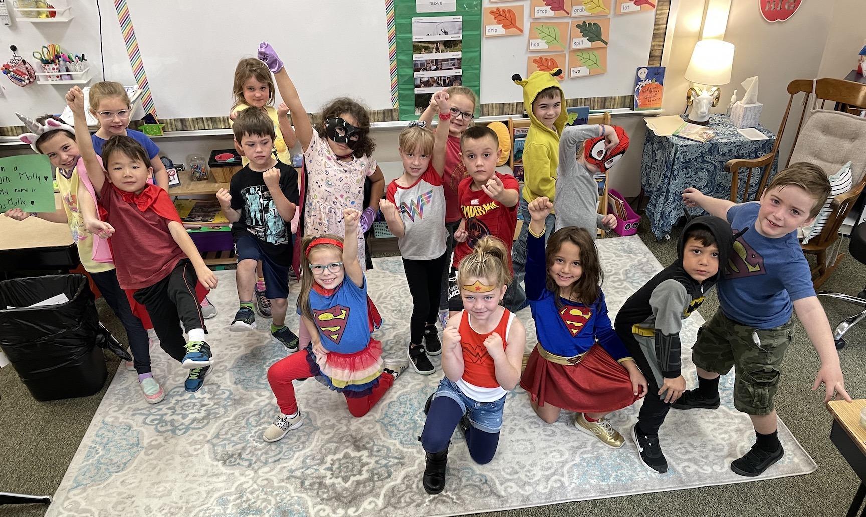 Mrs. Shogan’s first-graders at Level Green dress for Superhero Day
